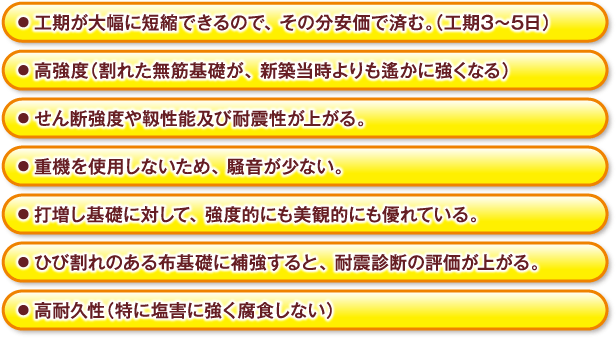 ■工期が大幅に短縮できるので、その分安価で済む。（工期3～5日）■高強度（割れた無筋基礎が、新築当時よりも遙かに強くなる）■せん断強度や靱性能及び耐震性が上がる。■重機を使用しないため、 騒音が少ない。■打増し基礎に対して、 強度的にも美観的にも優れている。■ひび割れのある布基礎に補強すると、 耐震診断の評価が上がる。■高耐久性（特に塩害に強く腐食しない）