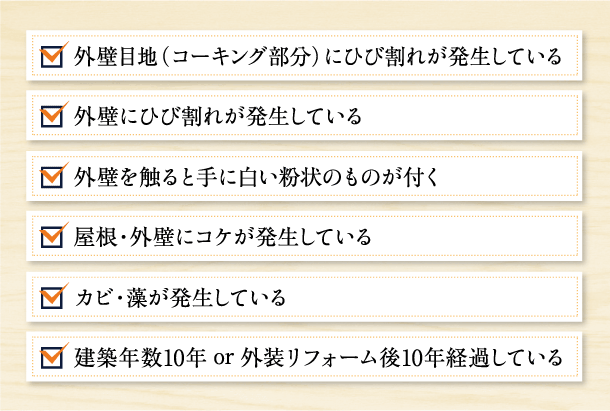 外壁目地（コーキング部分）にひび割れが発生している、外壁にひび割れが発生している、外壁を触ると手に白い粉状のものが付く、屋根・外壁にコケが発生している、カビ・藻が発生している、建築年数10年 or 外装リフォーム後10年経過している